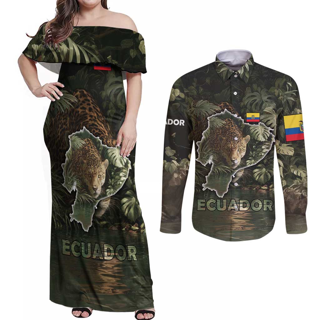 Ecuador Couples Matching Off Shoulder Maxi Dress and Long Sleeve Button Shirt with Jaguar Rainforest Map Design - Wonder Print Shop