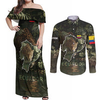 Ecuador Couples Matching Off Shoulder Maxi Dress and Long Sleeve Button Shirt with Jaguar Rainforest Map Design - Wonder Print Shop