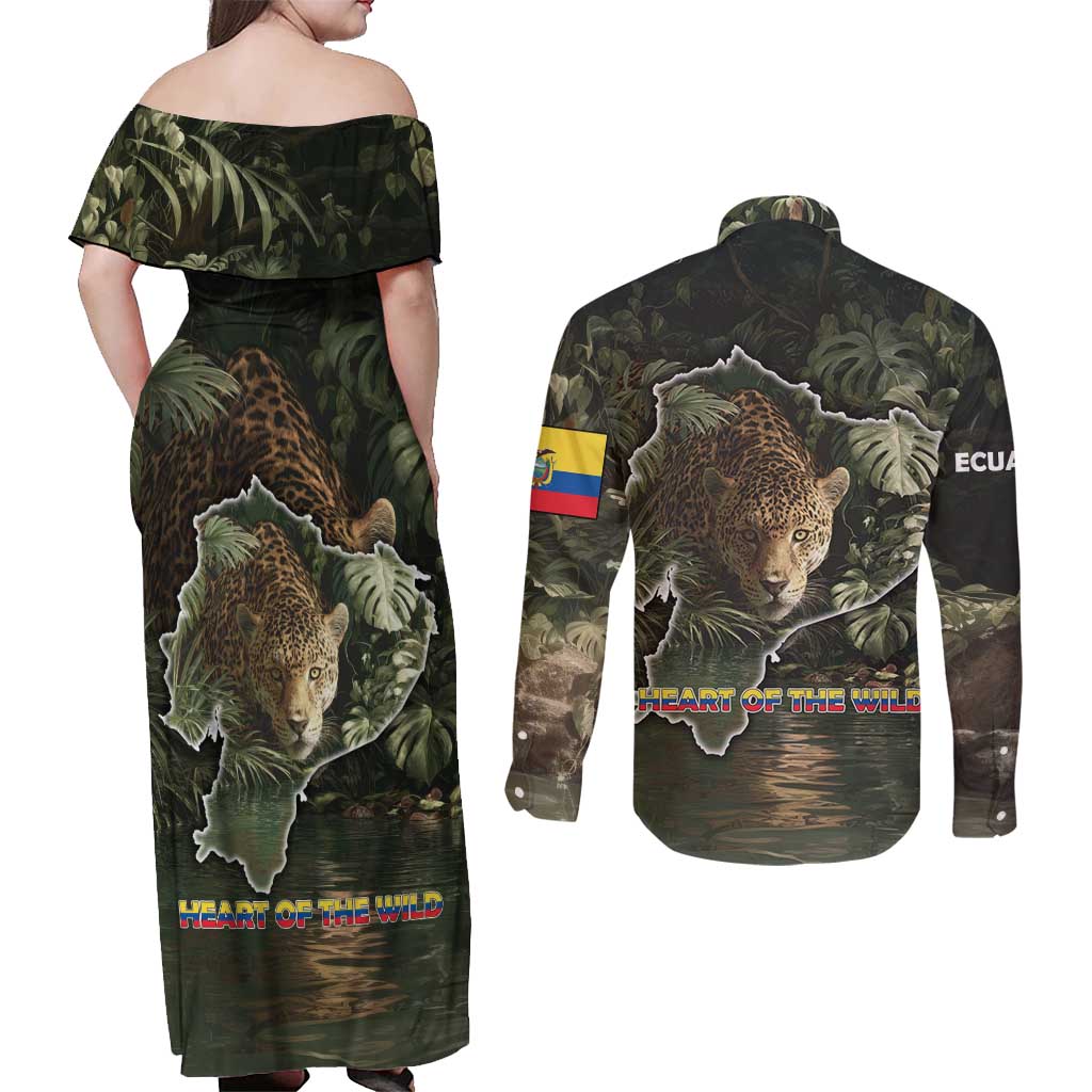 Ecuador Couples Matching Off Shoulder Maxi Dress and Long Sleeve Button Shirt with Jaguar Rainforest Map Design - Wonder Print Shop