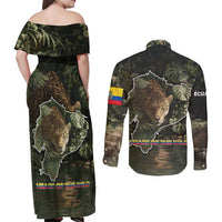 Ecuador Couples Matching Off Shoulder Maxi Dress and Long Sleeve Button Shirt with Jaguar Rainforest Map Design - Wonder Print Shop