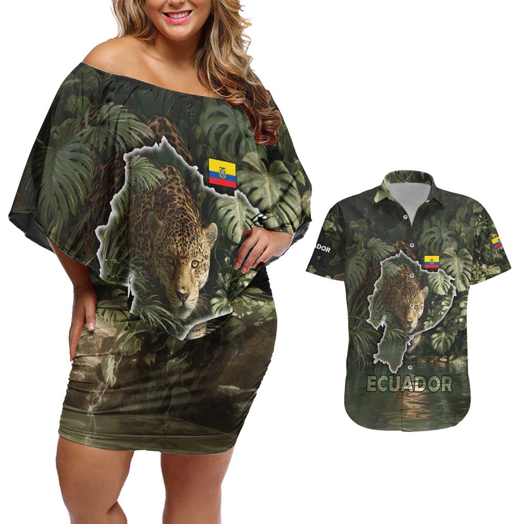 Ecuador Couples Matching Off Shoulder Short Dress and Hawaiian Shirt with Jaguar Rainforest Map Design - Wonder Print Shop