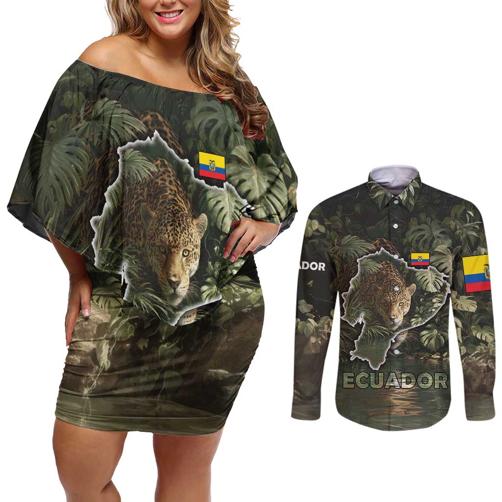 Ecuador Couples Matching Off Shoulder Short Dress and Long Sleeve Button Shirt with Jaguar Rainforest Map Design - Wonder Print Shop