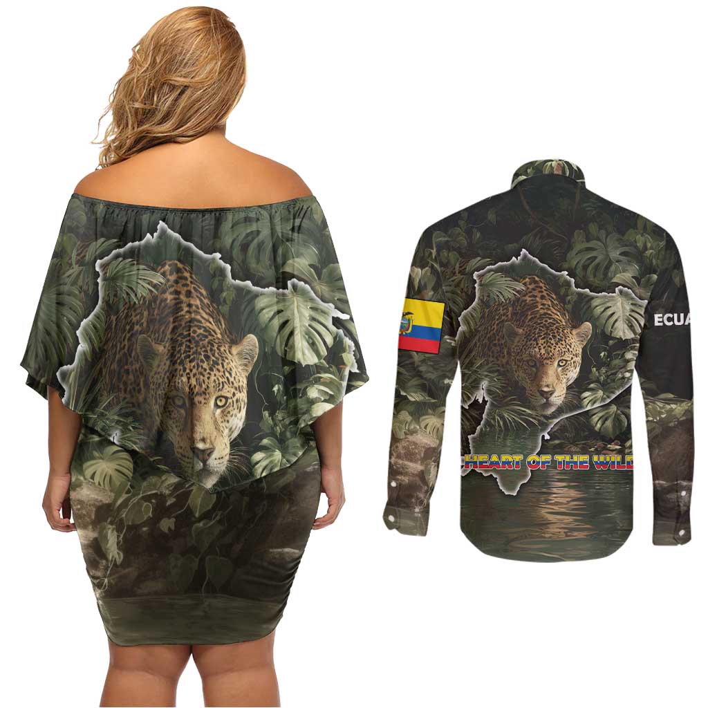 Ecuador Couples Matching Off Shoulder Short Dress and Long Sleeve Button Shirt with Jaguar Rainforest Map Design - Wonder Print Shop