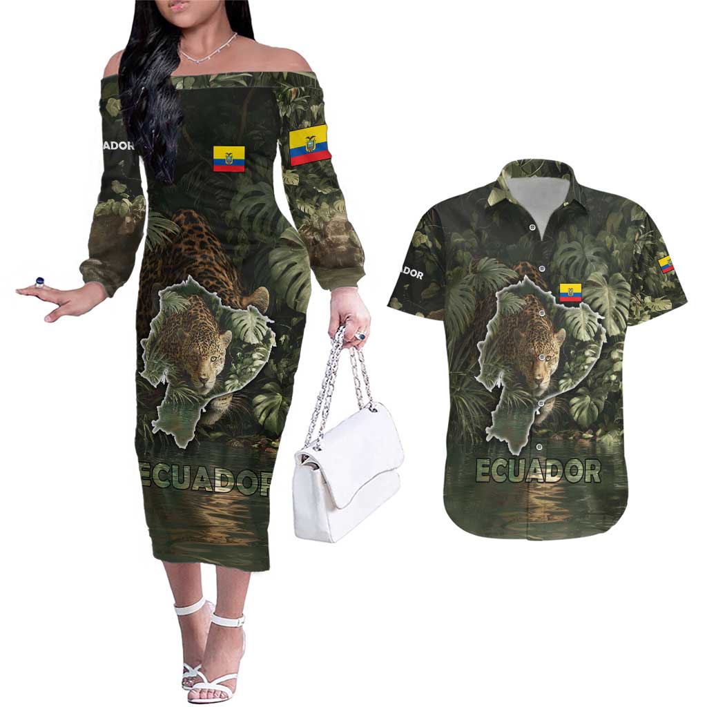 Ecuador Couples Matching Off The Shoulder Long Sleeve Dress and Hawaiian Shirt with Jaguar Rainforest Map Design - Wonder Print Shop