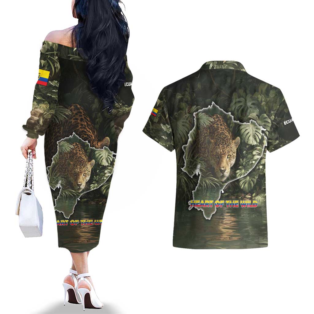 Ecuador Couples Matching Off The Shoulder Long Sleeve Dress and Hawaiian Shirt with Jaguar Rainforest Map Design - Wonder Print Shop