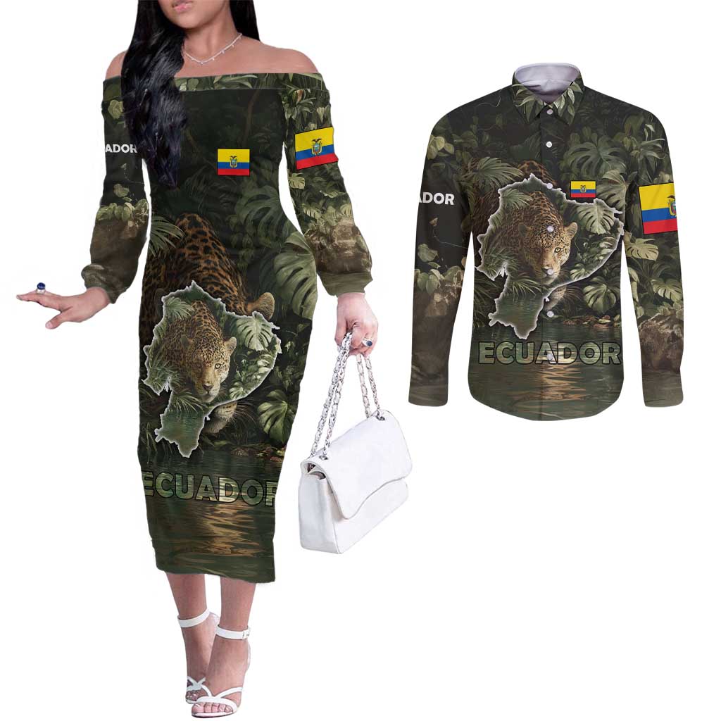 Ecuador Couples Matching Off The Shoulder Long Sleeve Dress and Long Sleeve Button Shirt with Jaguar Rainforest Map Design - Wonder Print Shop