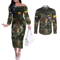 Ecuador Couples Matching Off The Shoulder Long Sleeve Dress and Long Sleeve Button Shirt with Jaguar Rainforest Map Design - Wonder Print Shop