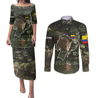 Ecuador Couples Matching Puletasi and Long Sleeve Button Shirt with Jaguar Rainforest Map Design - Wonder Print Shop