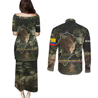 Ecuador Couples Matching Puletasi and Long Sleeve Button Shirt with Jaguar Rainforest Map Design - Wonder Print Shop