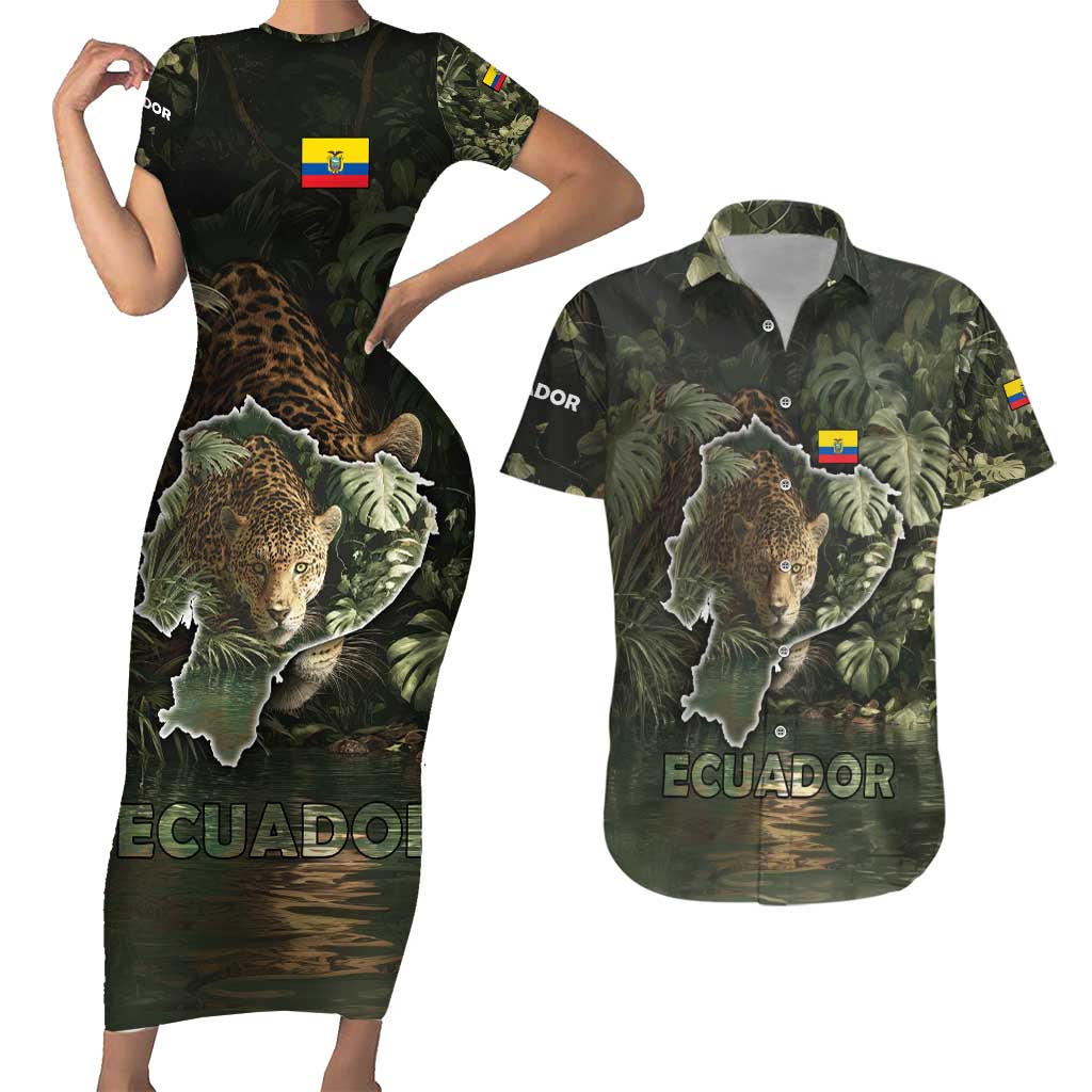 Ecuador Couples Matching Short Sleeve Bodycon Dress and Hawaiian Shirt with Jaguar Rainforest Map Design - Wonder Print Shop