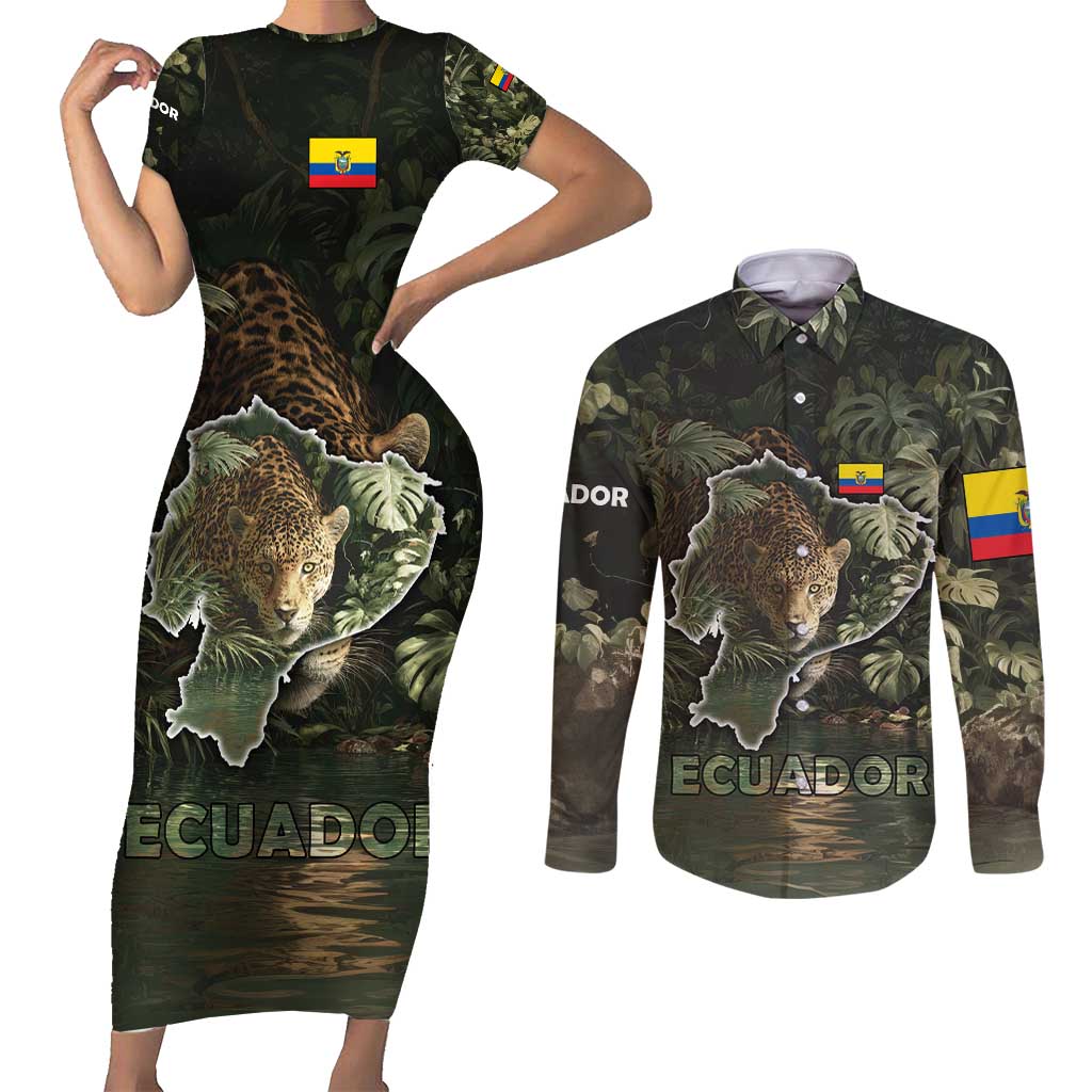 Ecuador Couples Matching Short Sleeve Bodycon Dress and Long Sleeve Button Shirt with Jaguar Rainforest Map Design - Wonder Print Shop
