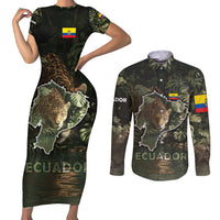 Ecuador Couples Matching Short Sleeve Bodycon Dress and Long Sleeve Button Shirt with Jaguar Rainforest Map Design - Wonder Print Shop