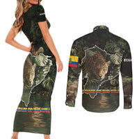 Ecuador Couples Matching Short Sleeve Bodycon Dress and Long Sleeve Button Shirt with Jaguar Rainforest Map Design - Wonder Print Shop