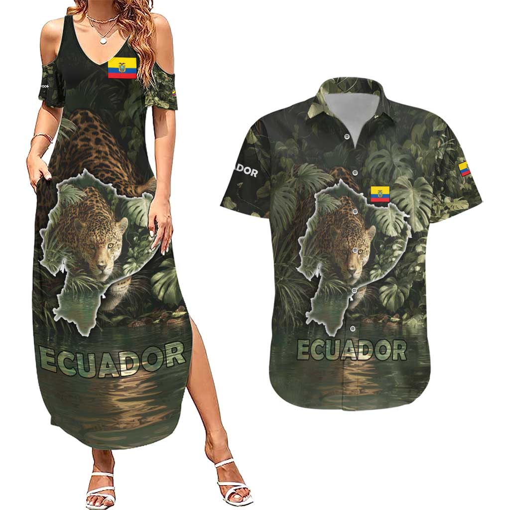 Ecuador Couples Matching Summer Maxi Dress and Hawaiian Shirt with Jaguar Rainforest Map Design - Wonder Print Shop