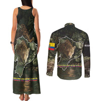 Ecuador Couples Matching Tank Maxi Dress and Long Sleeve Button Shirt with Jaguar Rainforest Map Design - Wonder Print Shop