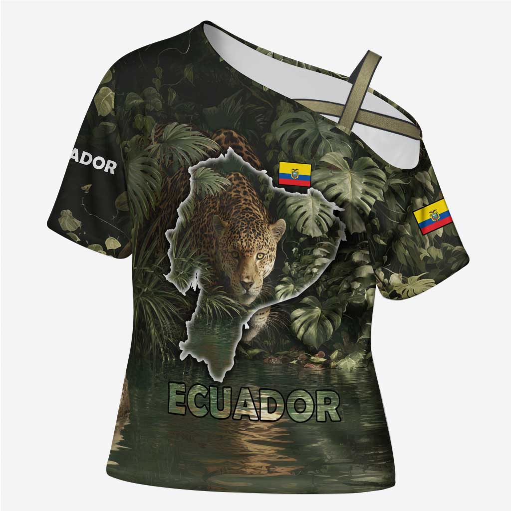 Ecuador Cross Shoulder Shirt with Jaguar Rainforest Map Design - Wonder Print Shop