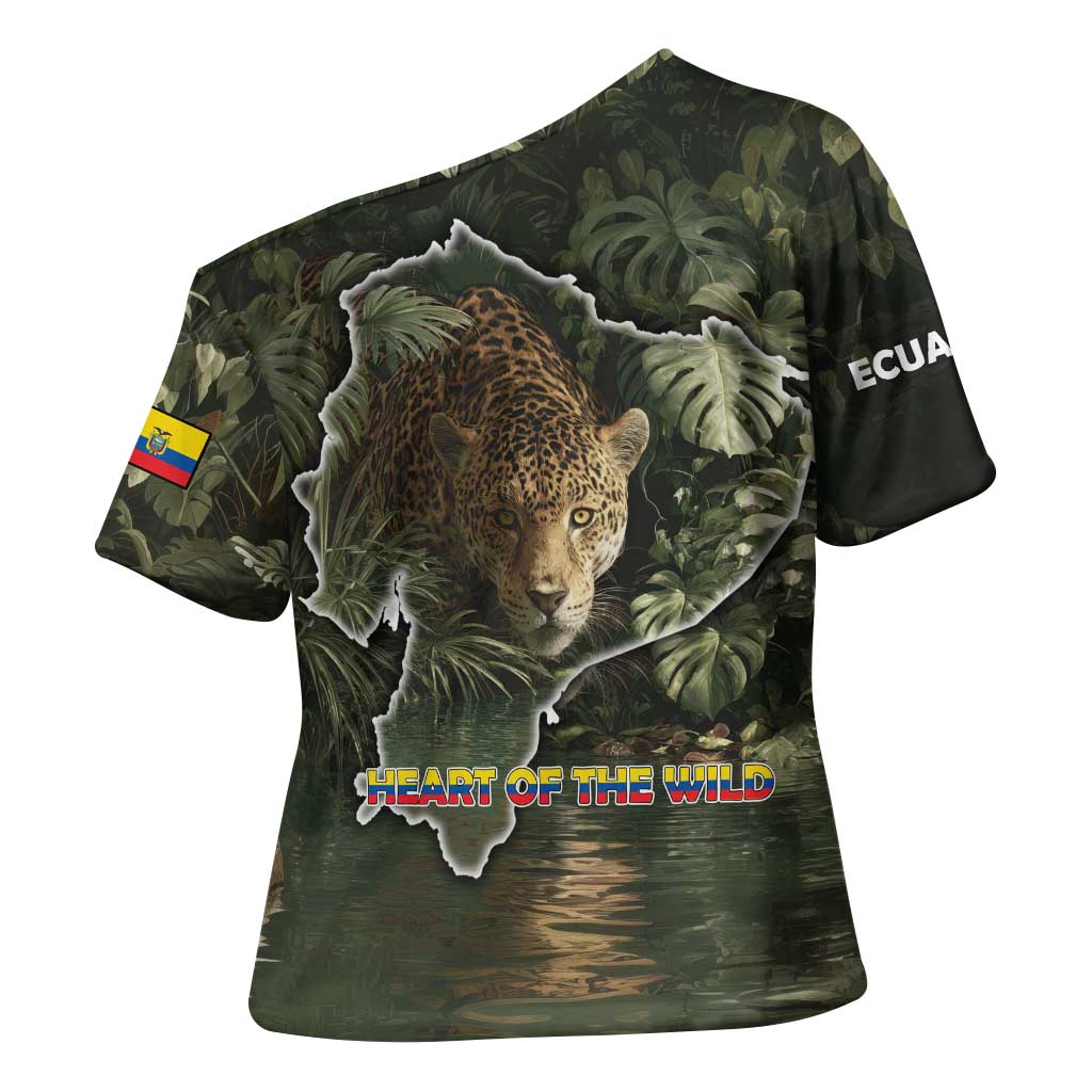 Ecuador Cross Shoulder Shirt with Jaguar Rainforest Map Design - Wonder Print Shop