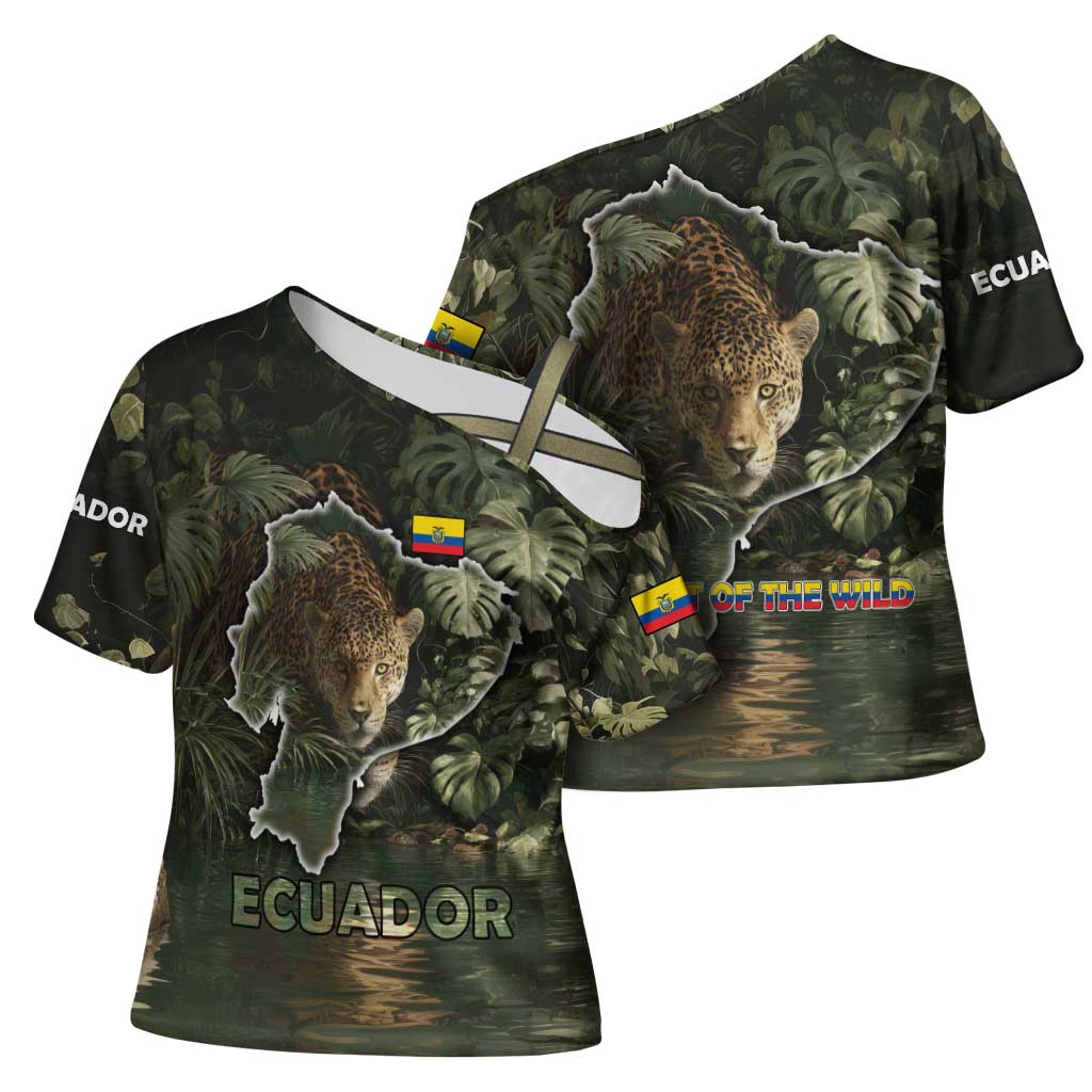 Ecuador Cross Shoulder Shirt with Jaguar Rainforest Map Design - Wonder Print Shop