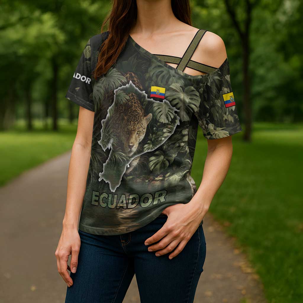 Ecuador Cross Shoulder Shirt with Jaguar Rainforest Map Design - Wonder Print Shop