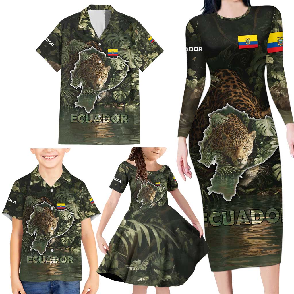 Ecuador Family Matching Long Sleeve Bodycon Dress and Hawaiian Shirt with Jaguar Rainforest Map Design - Wonder Print Shop