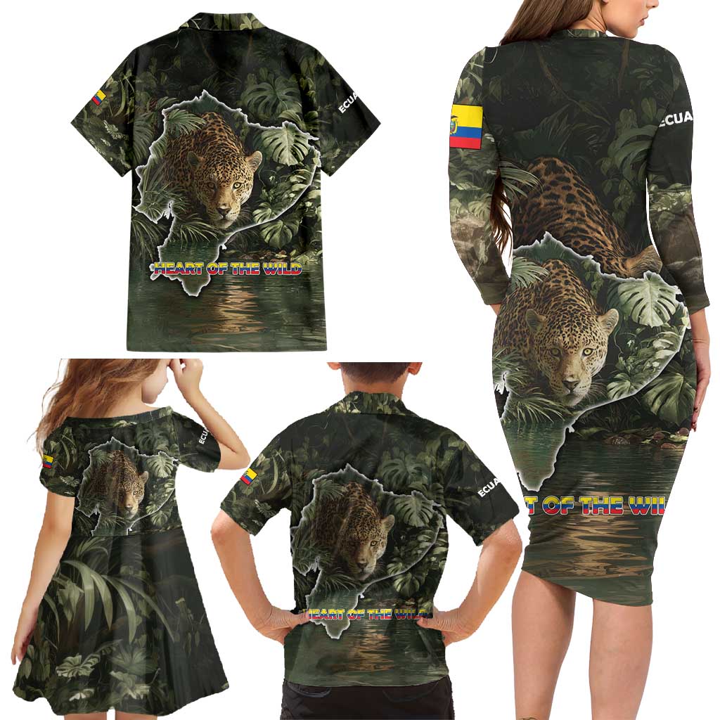Ecuador Family Matching Long Sleeve Bodycon Dress and Hawaiian Shirt with Jaguar Rainforest Map Design - Wonder Print Shop