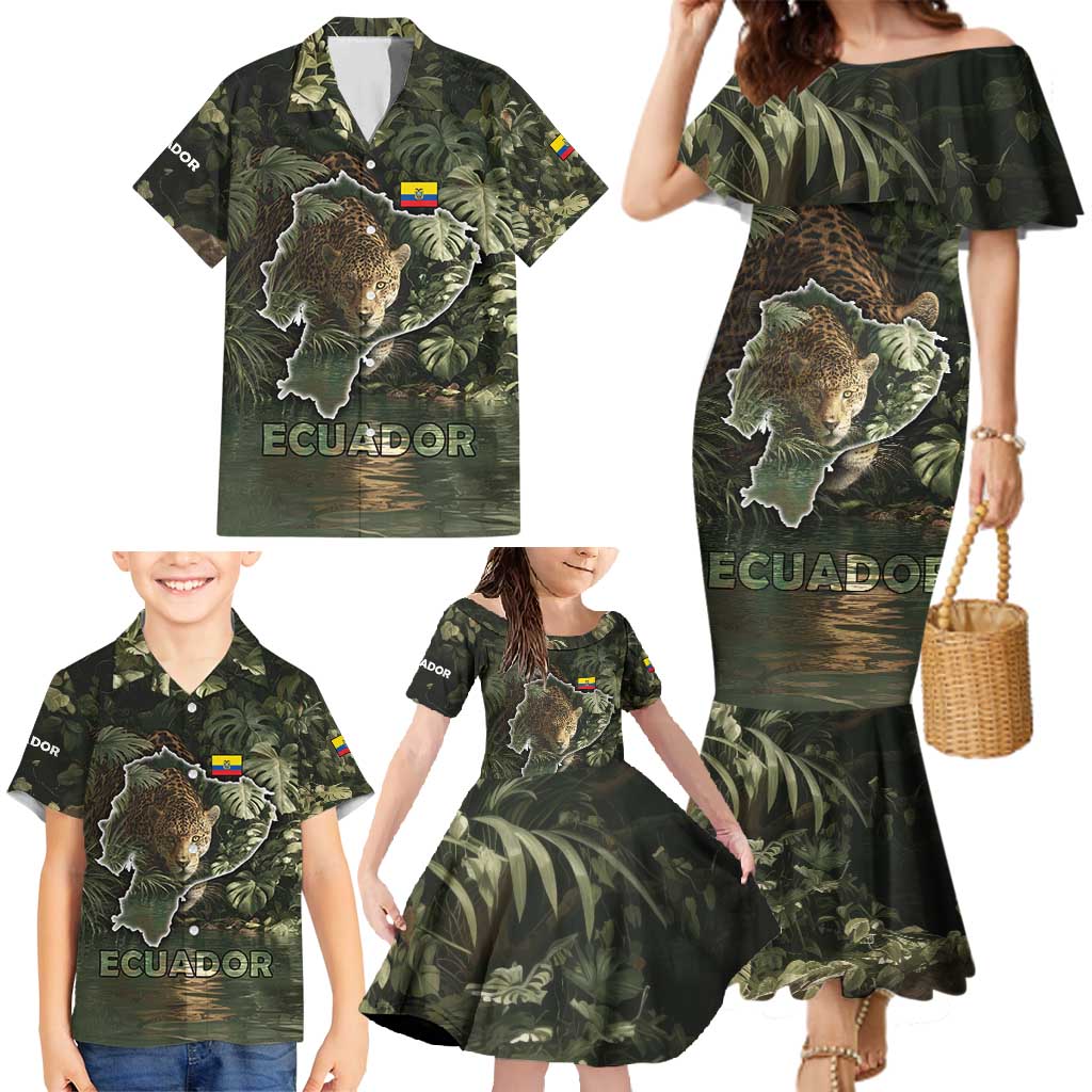 Ecuador Family Matching Mermaid Dress and Hawaiian Shirt with Jaguar Rainforest Map Design - Wonder Print Shop