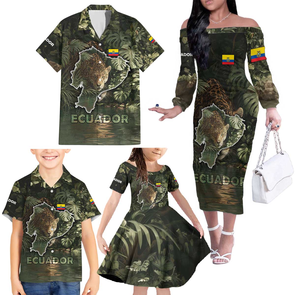 Ecuador Family Matching Off The Shoulder Long Sleeve Dress and Hawaiian Shirt with Jaguar Rainforest Map Design - Wonder Print Shop