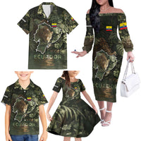 Ecuador Family Matching Off The Shoulder Long Sleeve Dress and Hawaiian Shirt with Jaguar Rainforest Map Design - Wonder Print Shop