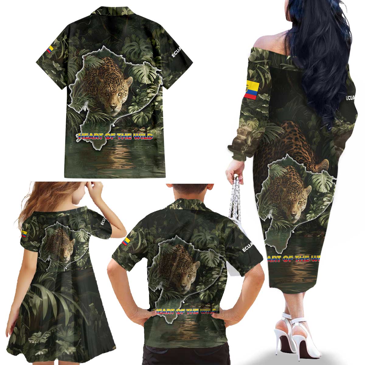 Ecuador Family Matching Off The Shoulder Long Sleeve Dress and Hawaiian Shirt with Jaguar Rainforest Map Design - Wonder Print Shop