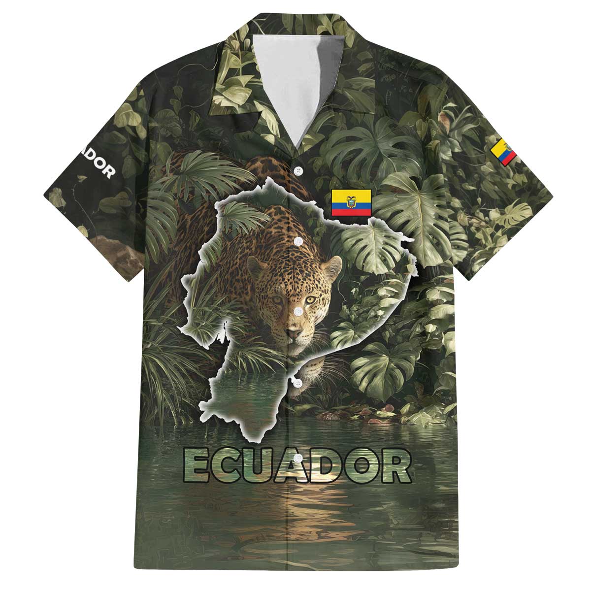 Ecuador Family Matching Off The Shoulder Long Sleeve Dress and Hawaiian Shirt with Jaguar Rainforest Map Design - Wonder Print Shop