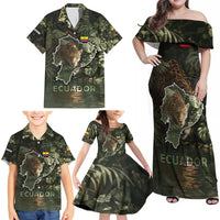 Ecuador Family Matching Off Shoulder Maxi Dress and Hawaiian Shirt with Jaguar Rainforest Map Design - Wonder Print Shop