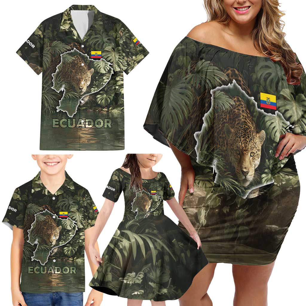 Ecuador Family Matching Off Shoulder Short Dress and Hawaiian Shirt with Jaguar Rainforest Map Design - Wonder Print Shop