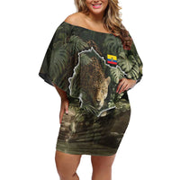 Ecuador Family Matching Off Shoulder Short Dress and Hawaiian Shirt with Jaguar Rainforest Map Design - Wonder Print Shop