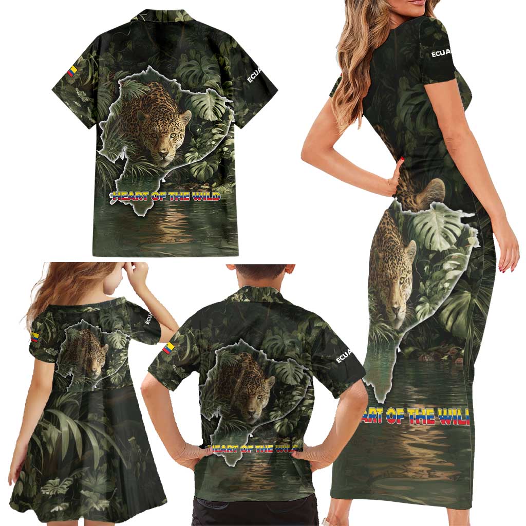 Ecuador Family Matching Short Sleeve Bodycon Dress and Hawaiian Shirt with Jaguar Rainforest Map Design - Wonder Print Shop