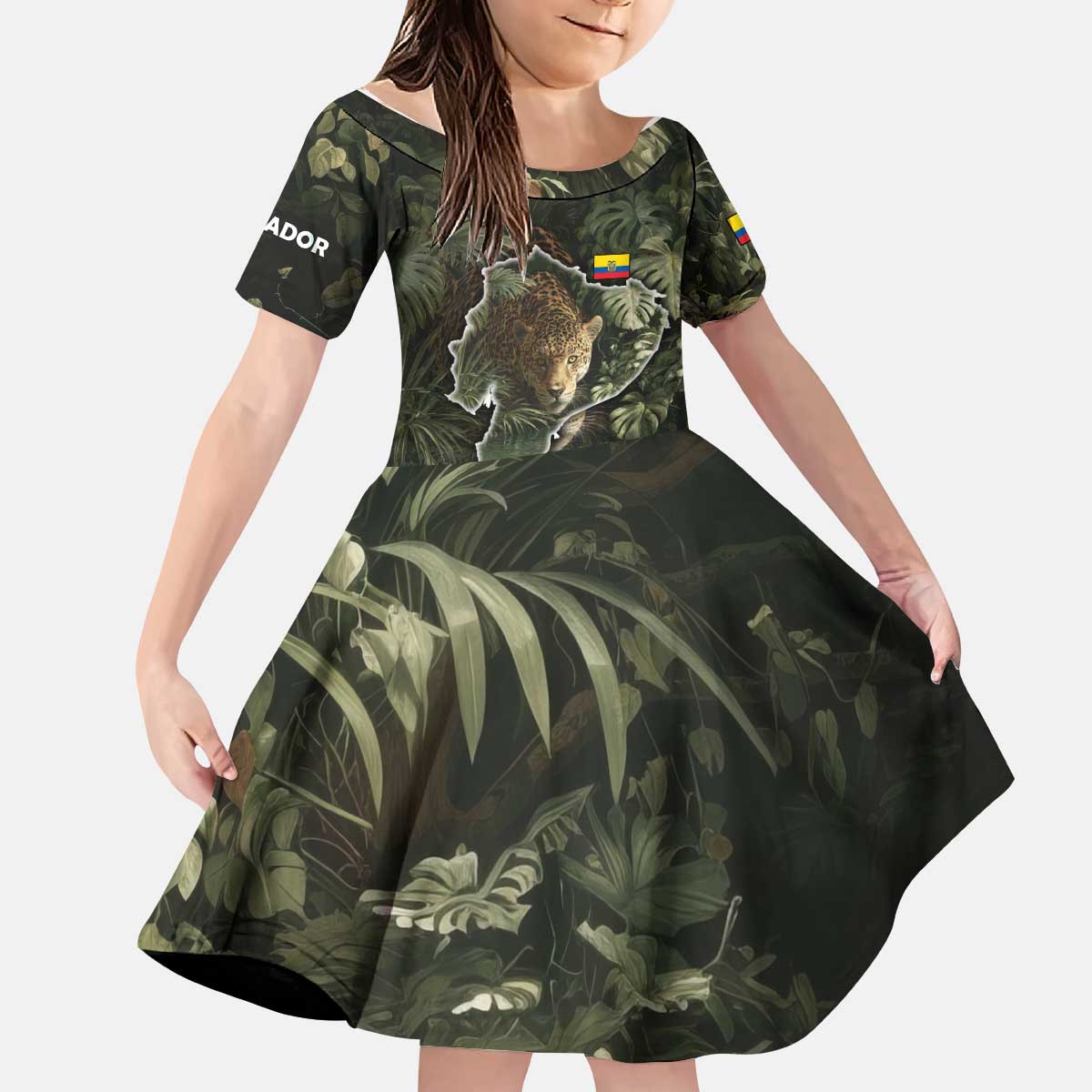 Ecuador Kid Short Sleeve Dress with Jaguar Rainforest Map Design - Wonder Print Shop