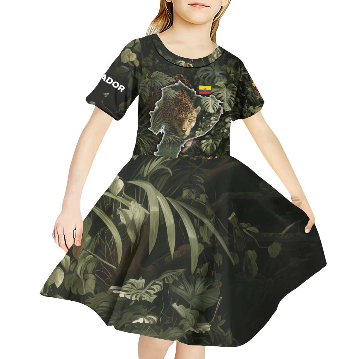 Ecuador Kid Short Sleeve Dress with Jaguar Rainforest Map Design - Wonder Print Shop