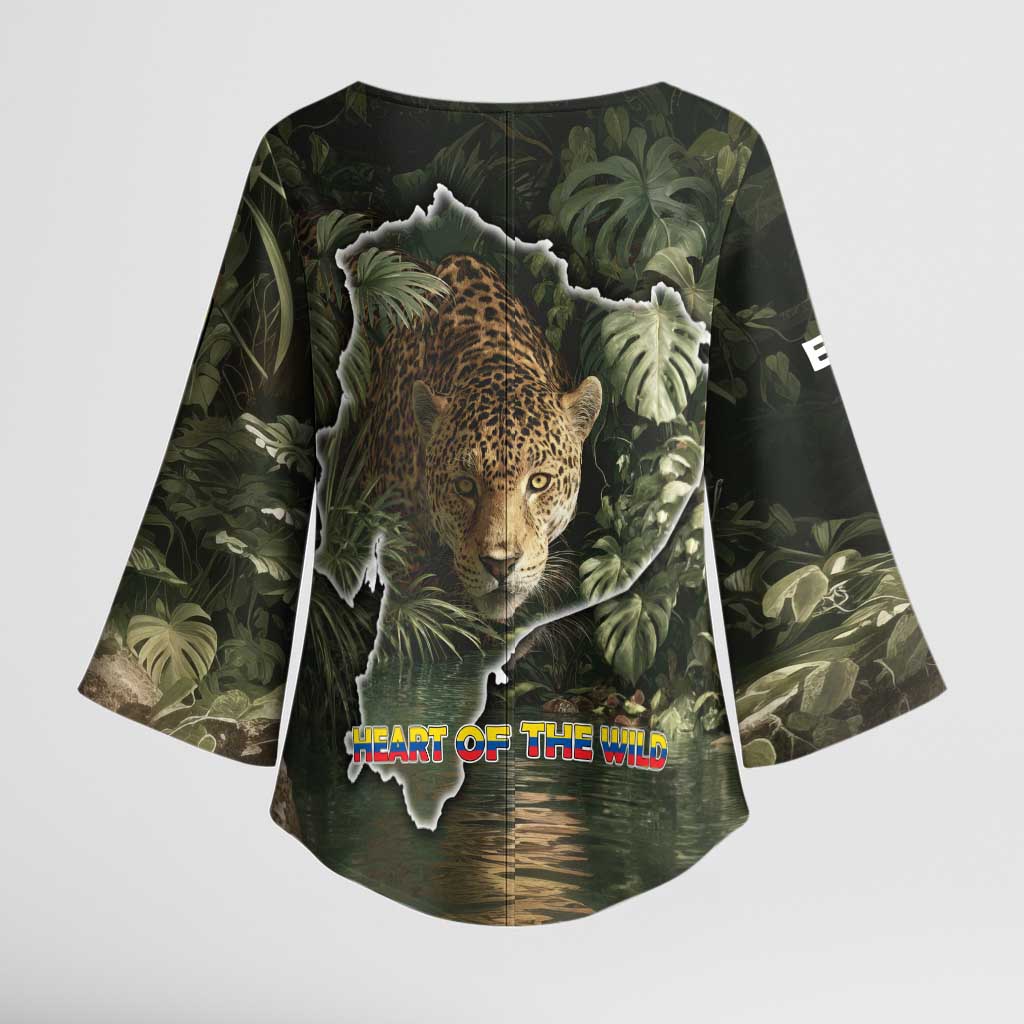 Ecuador Kimono Sleeve Blouse with Jaguar Rainforest Map Design - Wonder Print Shop