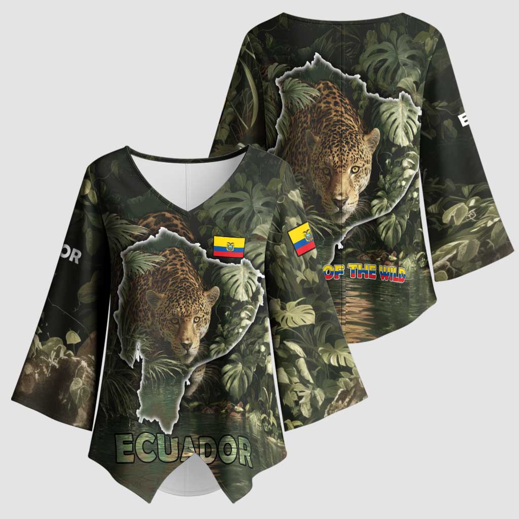 Ecuador Kimono Sleeve Blouse with Jaguar Rainforest Map Design - Wonder Print Shop