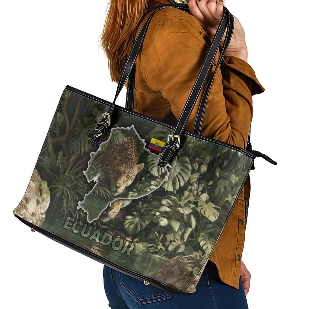 Ecuador Leather Tote Bag with Jaguar Rainforest Map Design - Wonder Print Shop