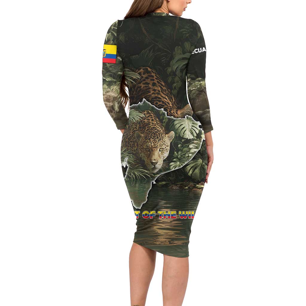 Ecuador Long Sleeve Bodycon Dress with Jaguar Rainforest Map Design - Wonder Print Shop