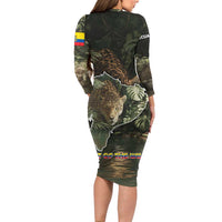 Ecuador Long Sleeve Bodycon Dress with Jaguar Rainforest Map Design - Wonder Print Shop