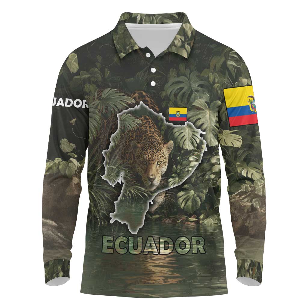 Ecuador Long Sleeve Polo Shirt with Jaguar Rainforest Map Design - Wonder Print Shop