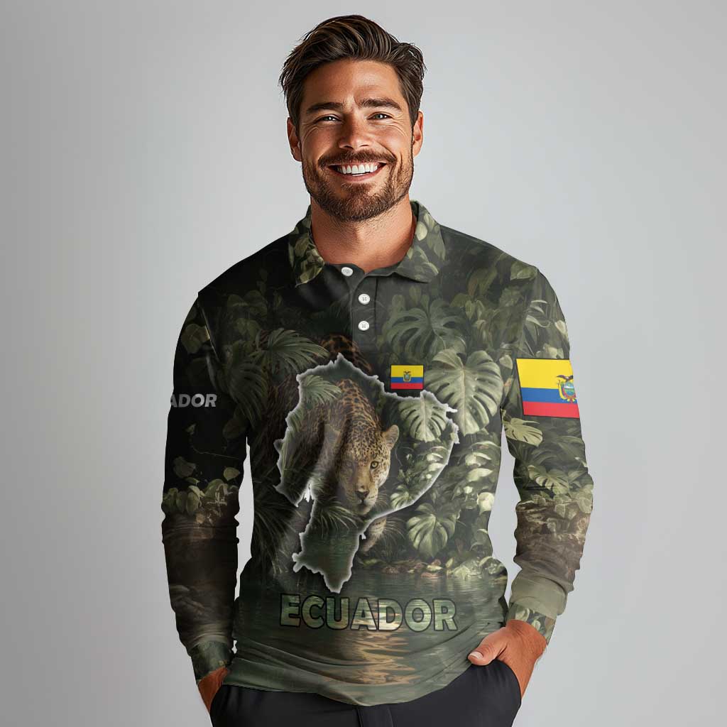 Ecuador Long Sleeve Polo Shirt with Jaguar Rainforest Map Design - Wonder Print Shop