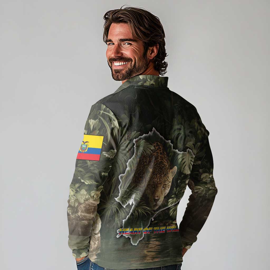 Ecuador Long Sleeve Polo Shirt with Jaguar Rainforest Map Design - Wonder Print Shop