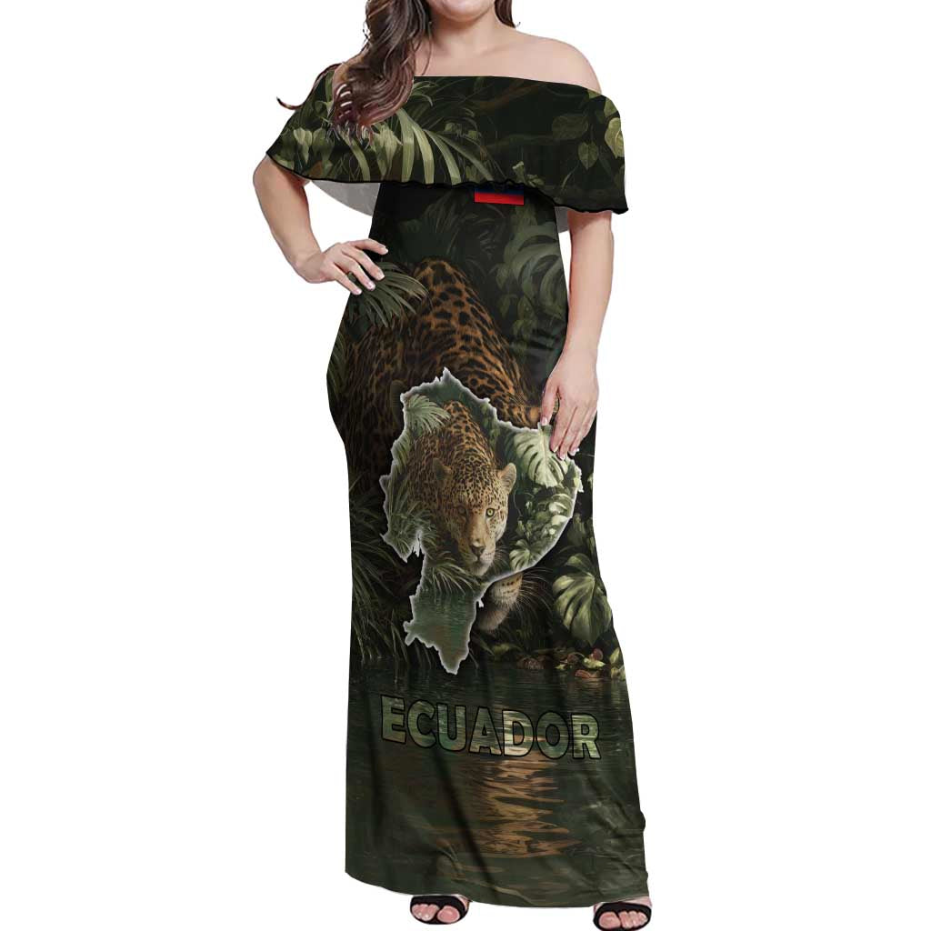 Ecuador Off Shoulder Maxi Dress with Jaguar Rainforest Map Design - Wonder Print Shop