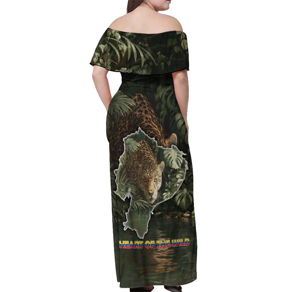 Ecuador Off Shoulder Maxi Dress with Jaguar Rainforest Map Design - Wonder Print Shop