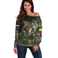 Ecuador Off Shoulder Sweater with Jaguar Rainforest Map Design - Wonder Print Shop