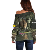 Ecuador Off Shoulder Sweater with Jaguar Rainforest Map Design - Wonder Print Shop