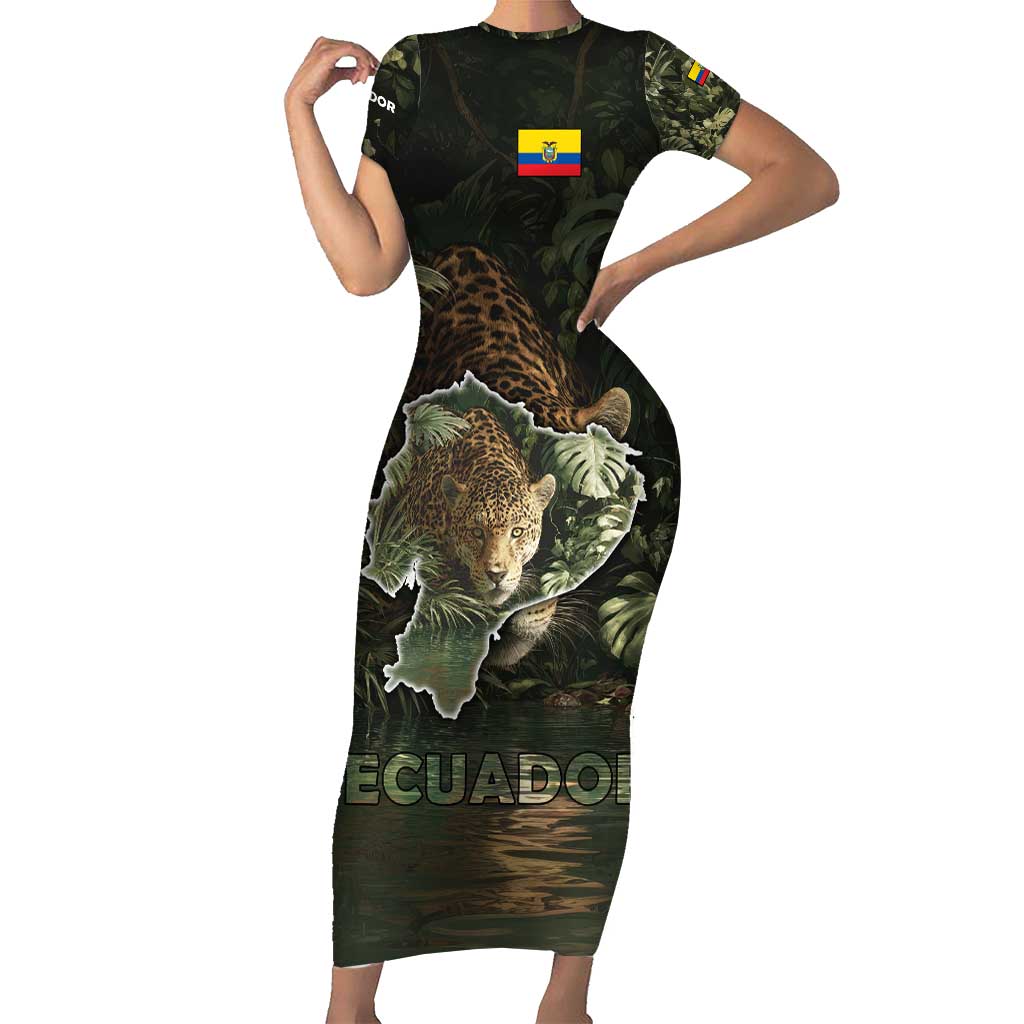 Ecuador Short Sleeve Bodycon Dress with Jaguar Rainforest Map Design - Wonder Print Shop