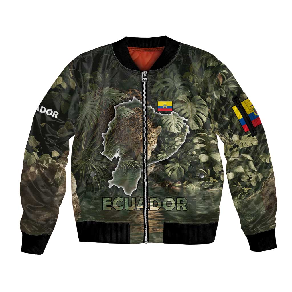 Ecuador Sleeve Zip Bomber Jacket with Jaguar Rainforest Map Design - Wonder Print Shop